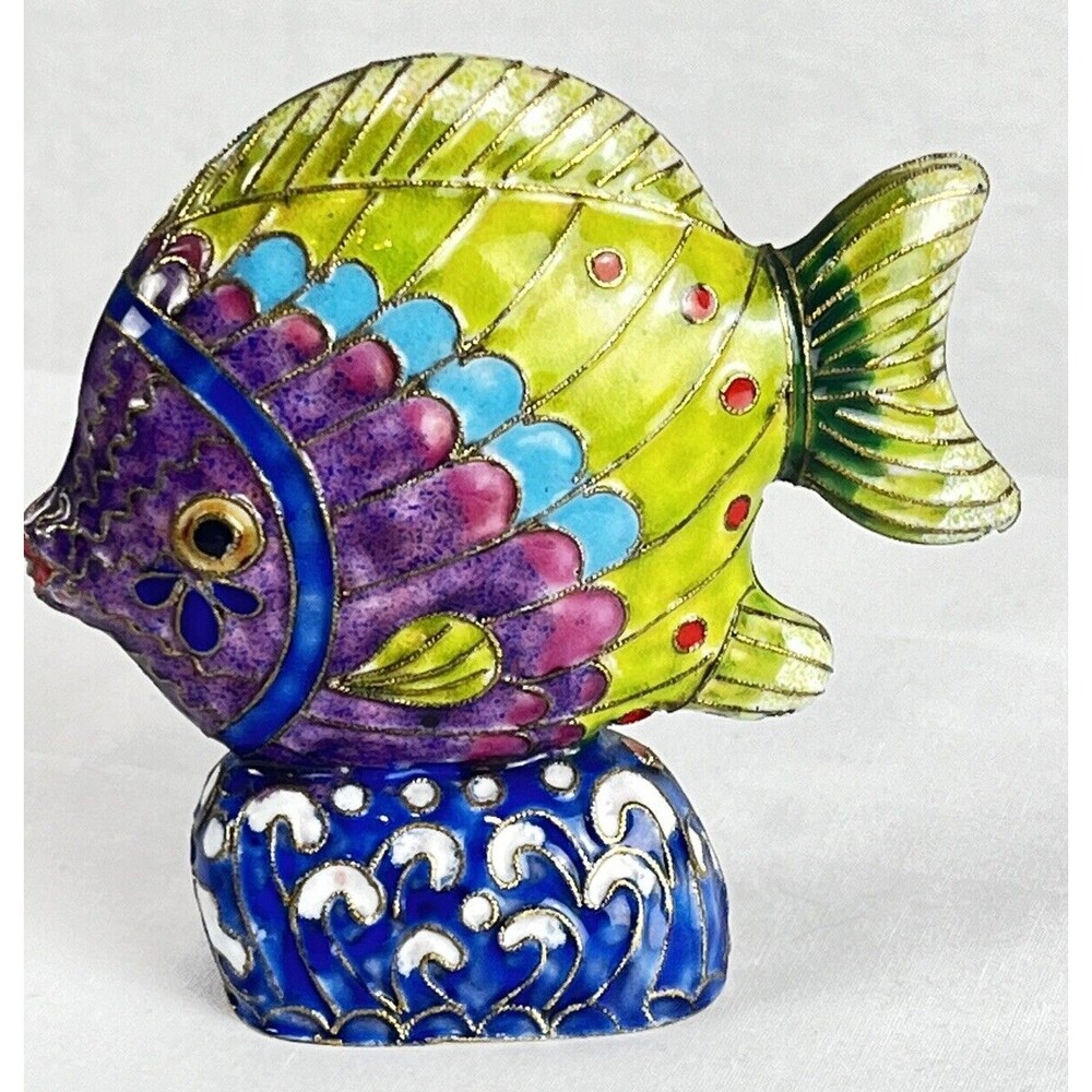 Green Cloisonne Tropical Fish on Attached Stand by D S Starr Oriental Treasures